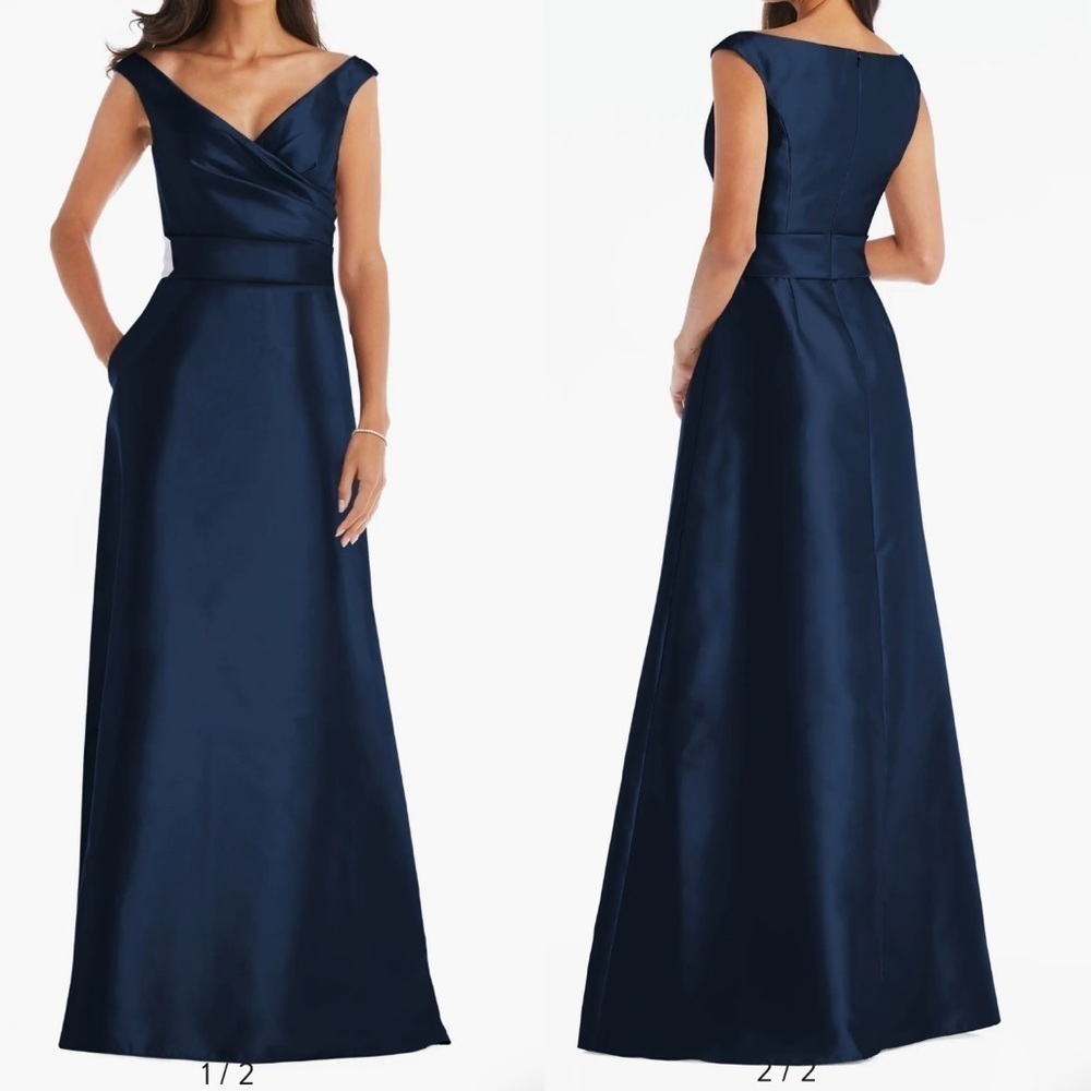 NWOT Alfred Sung Midnight Off the Shoulder Satin Gown Navy D11S 8 R